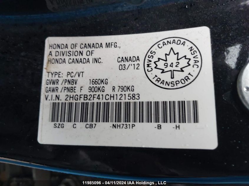 2012 Honda Civic Sdn VIN: 2HGFB2F41CH121583 Lot: 11985096