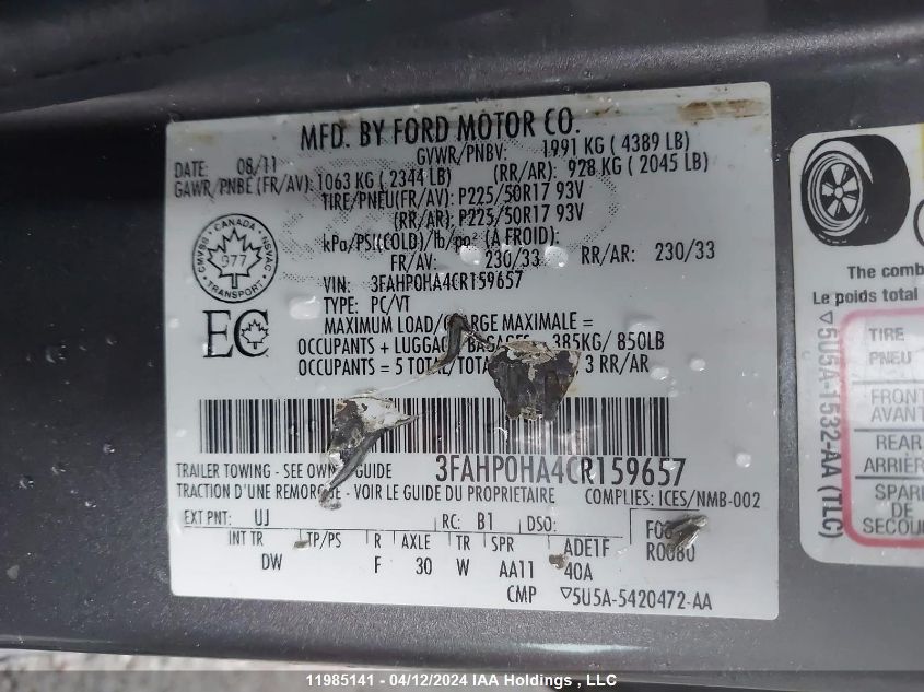 2012 Ford Fusion Se VIN: 3FAHP0HA4CR159657 Lot: 11985141