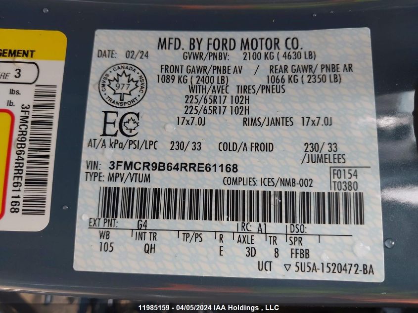 2024 Ford Bronco Sport Big Bend VIN: 3FMCR9B64RRE61168 Lot: 11985159