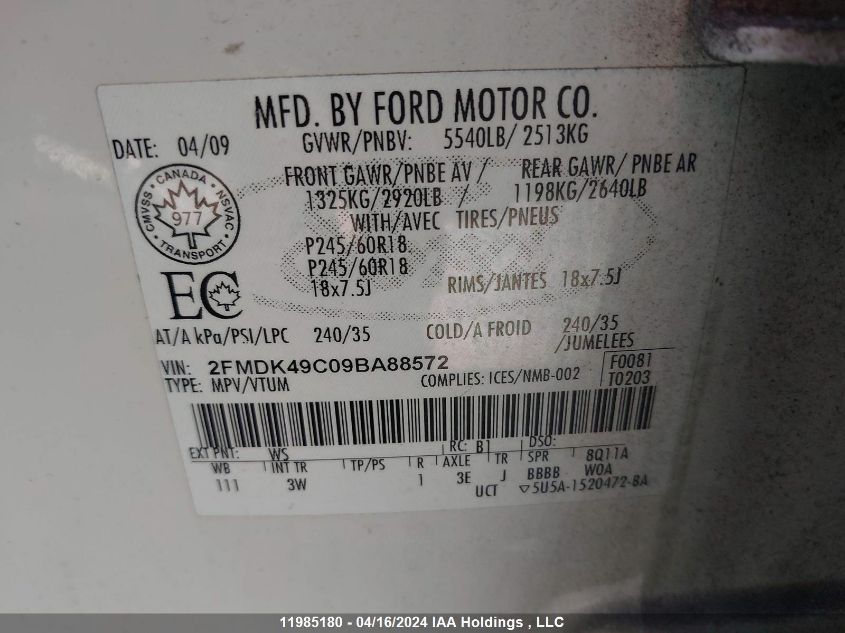 2009 Ford Edge Limited VIN: 2FMDK49C09BA88572 Lot: 11985180