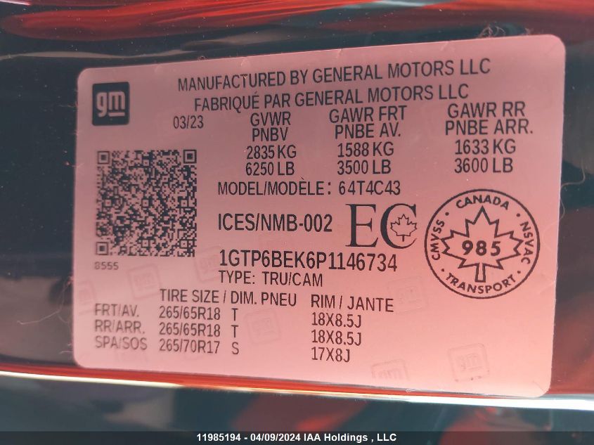 2023 GMC Canyon VIN: 1GTP6BEK6P1146734 Lot: 11985194