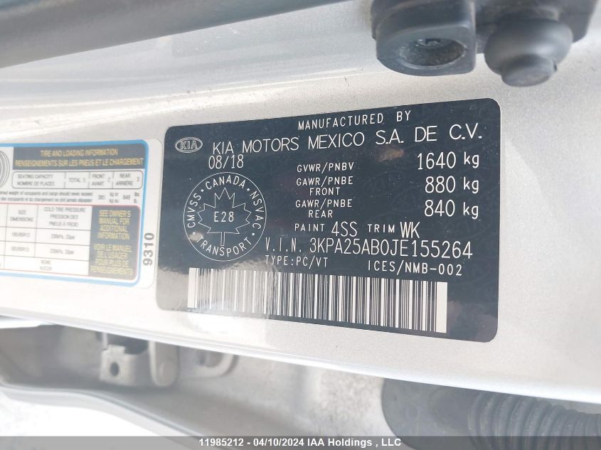 2018 Kia Rio Lx/S VIN: 3KPA25AB0JE155264 Lot: 11985212