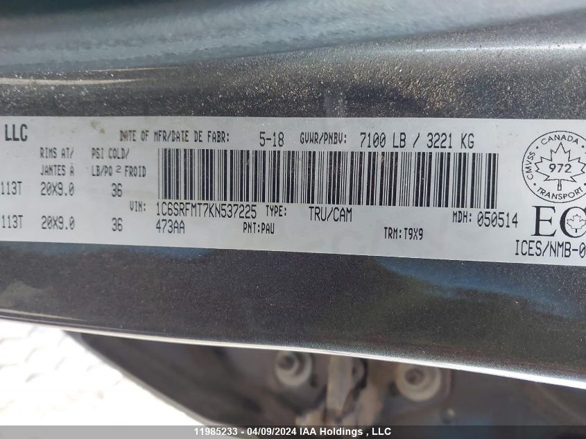 2019 Ram 1500 Big Horn/Lone Star VIN: 1C6SRFMT7KN537225 Lot: 11985233