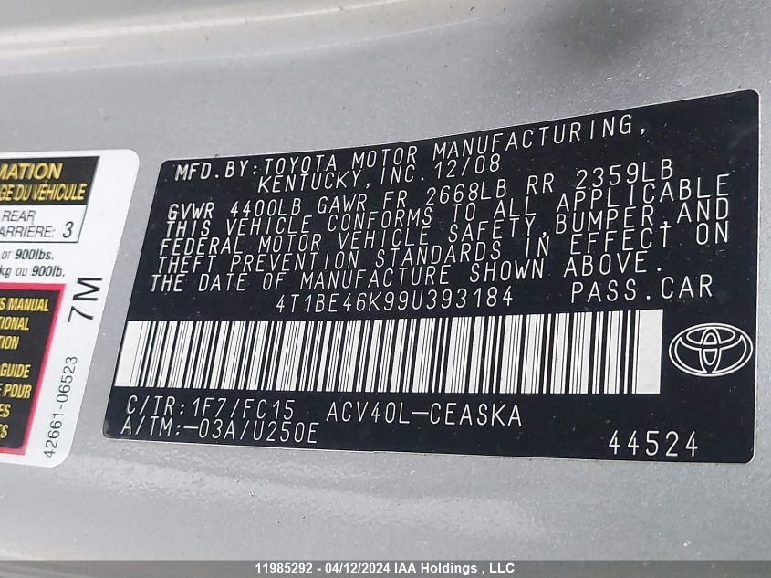 2009 Toyota Camry Se/Le/Xle VIN: 4T1BE46K99U393184 Lot: 11985292