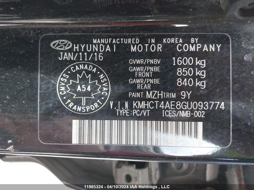 2016 Hyundai Accent VIN: KMHCT4AE8GU093774 Lot: 11985324