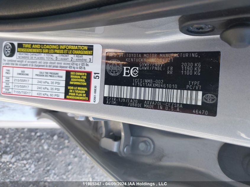 2021 Toyota Camry Se/Se Night Shade VIN: 4T1G11AKXMU461010 Lot: 11985347