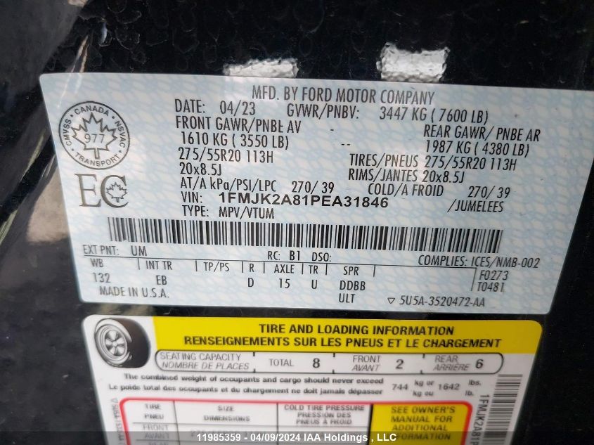 2023 Ford Expedition Max Limited VIN: 1FMJK2A81PEA31846 Lot: 11985359