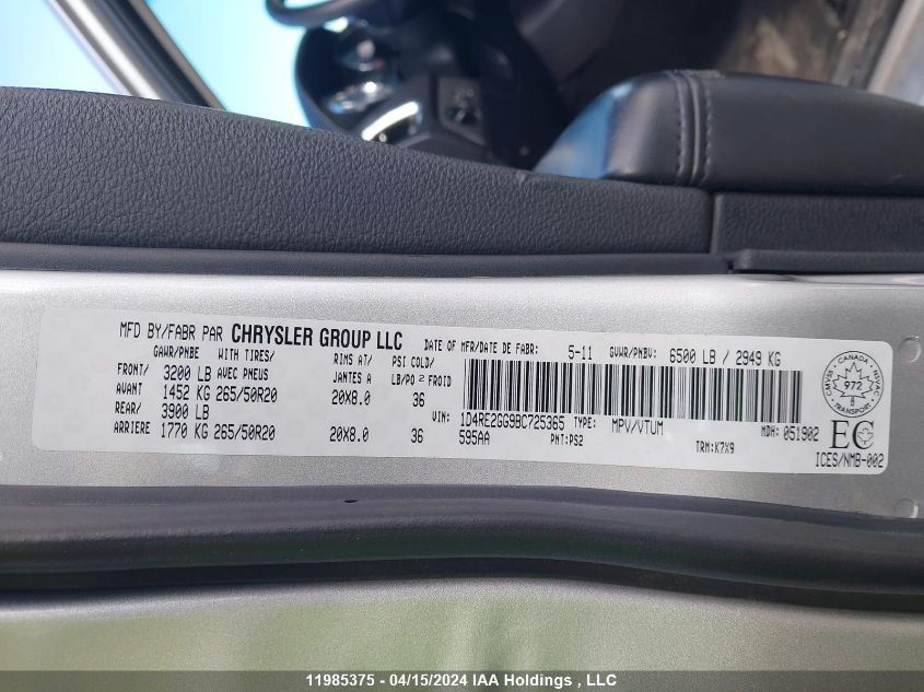 2011 Dodge Durango VIN: 1D4RE2GG9BC725365 Lot: 39240654