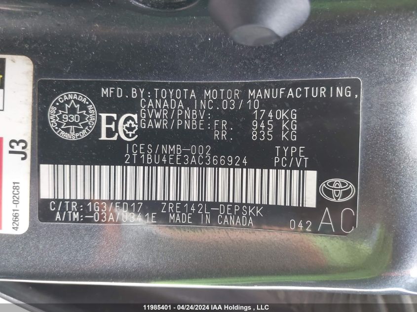 2010 Toyota Corolla S/Le/Xle VIN: 2T1BU4EE3AC366924 Lot: 11985401