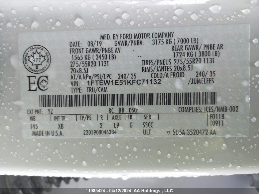 2019 Ford F-150 Xlt VIN: 1FTEW1E51KFC71132 Lot: 11985424