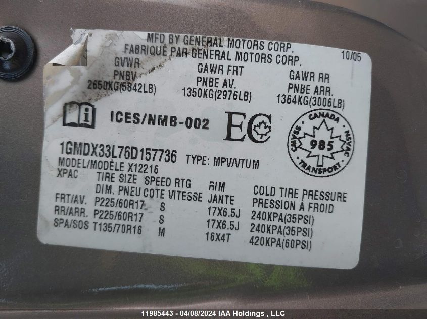 2006 Pontiac Montana Sv6 VIN: 1GMDX33L76D157736 Lot: 11985443