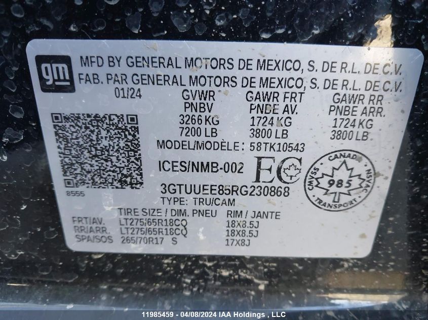 2024 GMC Sierra 1500 VIN: 3GTUUEE85RG230868 Lot: 11985459