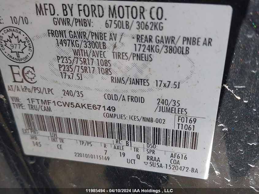 2010 Ford F-150 VIN: 1FTMF1CW5AKE67149 Lot: 11985494