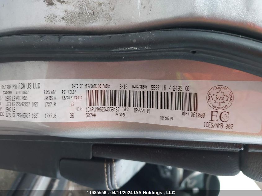 2016 Jeep Cherokee Sport VIN: 1C4PJMAS2GW358467 Lot: 11985556