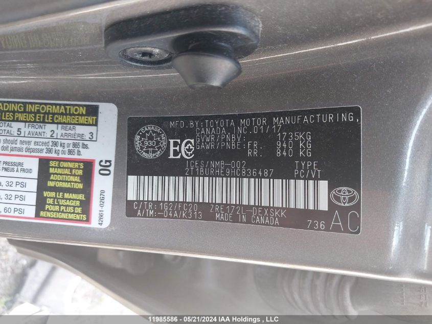 2017 Toyota Corolla L/Le/Xle/Se/Xse VIN: 2T1BURHE9HC836487 Lot: 11985586