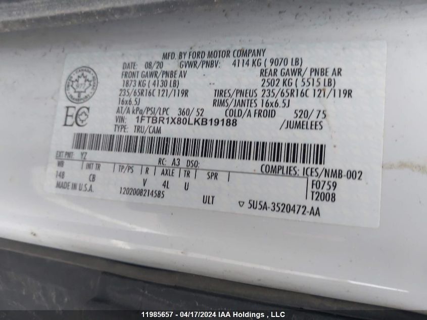 2020 Ford Ford VIN: 1FTBR1X80LKB19188 Lot: 11985657