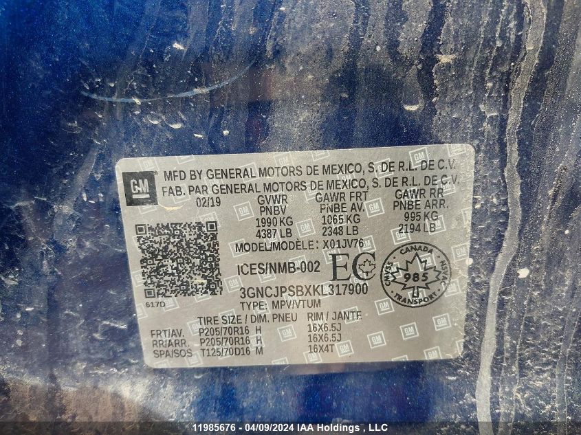 2019 Chevrolet Trax VIN: 3GNCJPSBXKL317900 Lot: 11985676