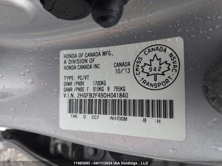 2013 Honda Civic VIN: 2HGFB2F49DH041840 Lot: 11985695