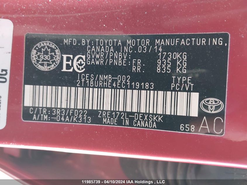 2014 Toyota Corolla L/Le/Le Pls/Prm/S/S Pls VIN: 2T1BURHE4EC119183 Lot: 11985739