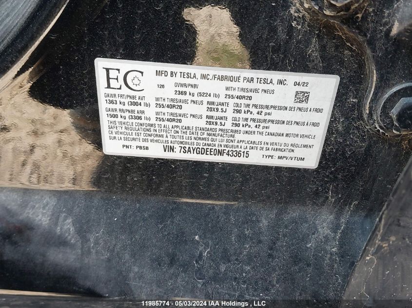 2022 Tesla Model Y VIN: 7SAYGDEE0NF433615 Lot: 11985774