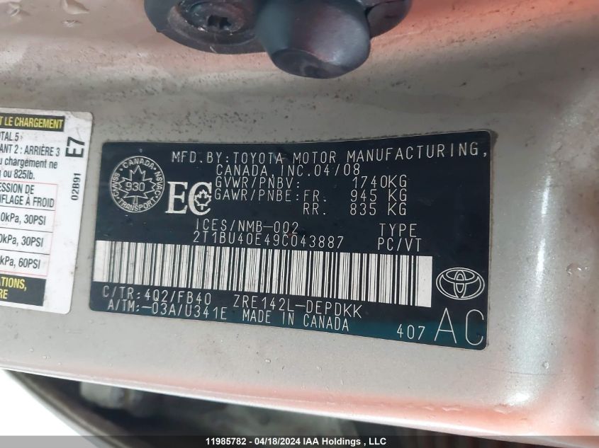 2009 Toyota Corolla VIN: 2T1BU40E49C043887 Lot: 11985782