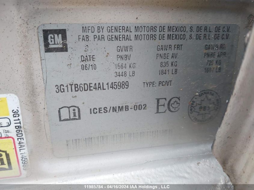 2010 Chevrolet Aveo VIN: 3G1TB6DE4AL145989 Lot: 11985784