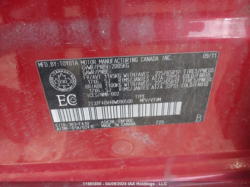 2011 Toyota Rav4 VIN: 2T3ZF4DV4BW090500 Lot: 11985800