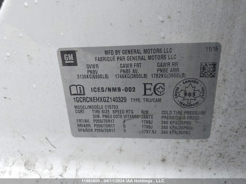 2016 Chevrolet Silverado 1500 VIN: 1GCRCNEHXGZ140329 Lot: 11985809