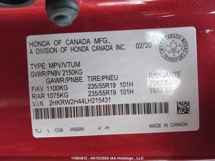 2020 Honda Cr-V VIN: 2HKRW2H44LH215431 Lot: 11985812