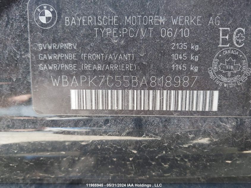 2011 BMW 328 Xi VIN: WBAPK7C55BA818987 Lot: 11985945