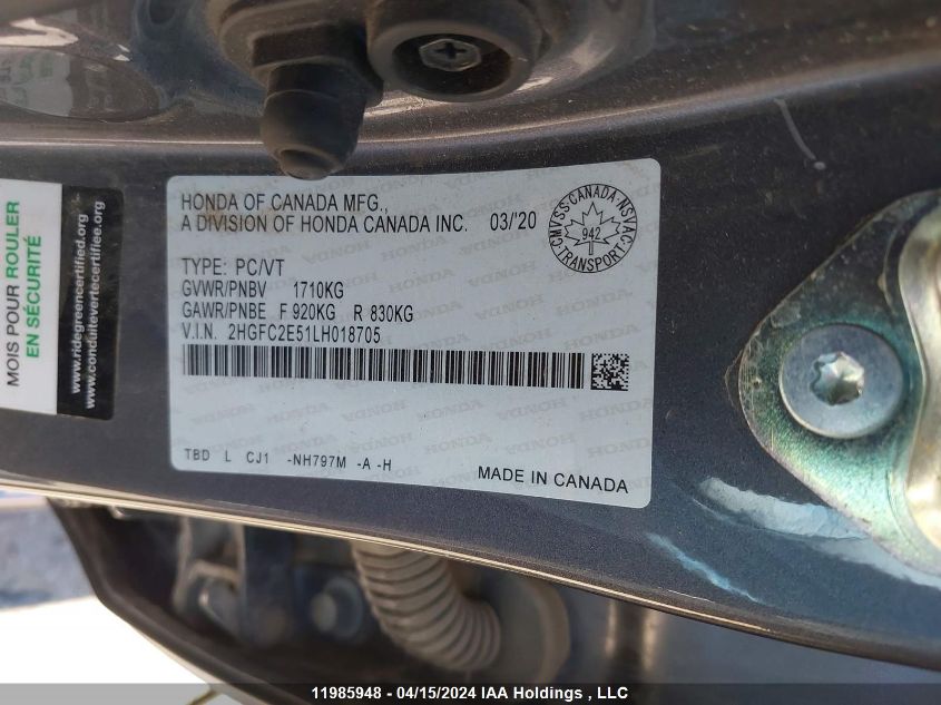 2020 Honda Civic Sedan VIN: 2HGFC2E51LH018705 Lot: 11985948