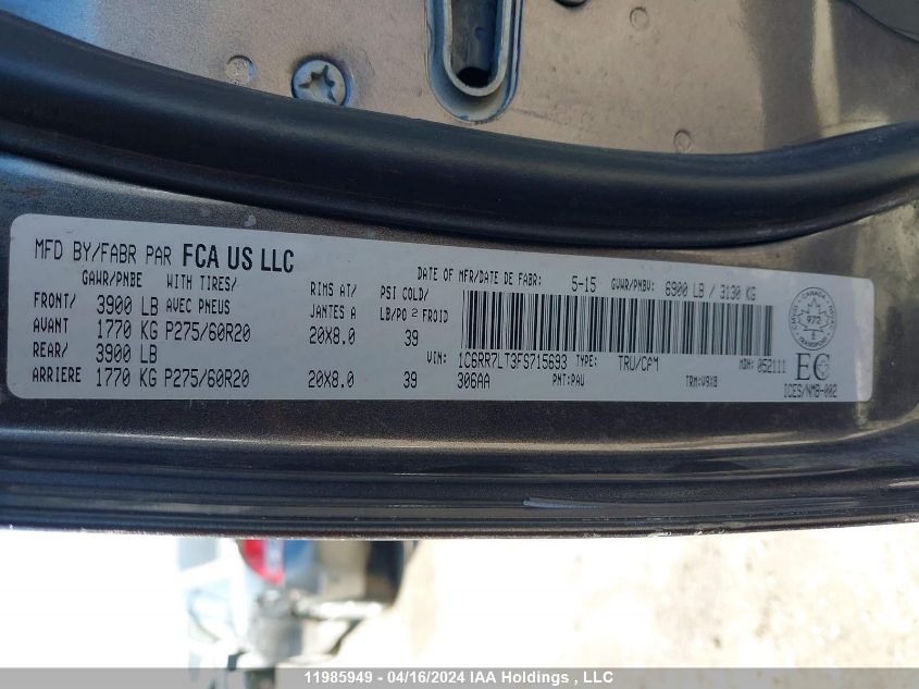 2015 Ram 1500 Slt VIN: 1C6RR7LT3FS715693 Lot: 11985949