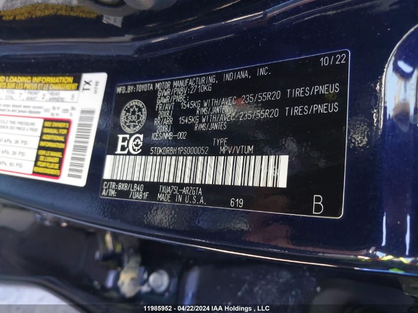 2023 Toyota Highlander Limited VIN: 5TDKDRBH1PS000052 Lot: 11985952