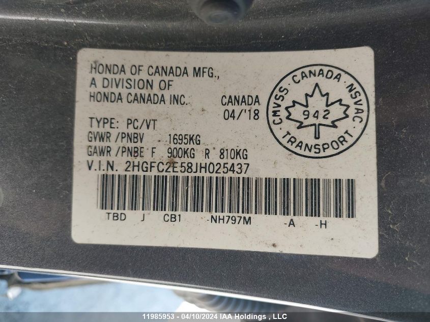 2018 Honda Civic Lx VIN: 2HGFC2E58JH025437 Lot: 11985953