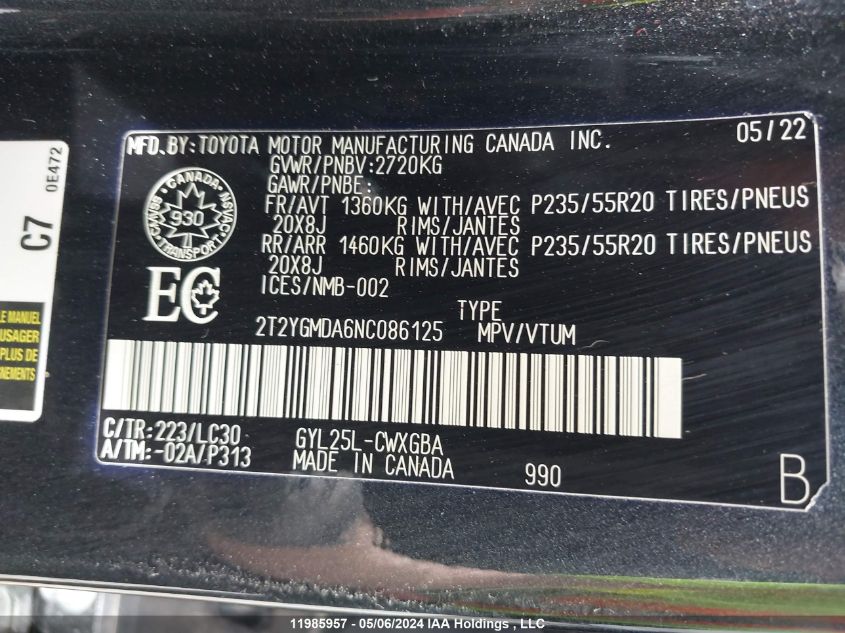 2022 Lexus Rx 450H F-Sport VIN: 2T2YGMDA6NC086125 Lot: 11985957