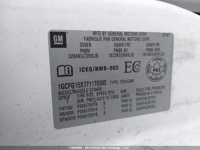 2007 Chevrolet Express G1500 VIN: 1GCFG15X771176985 Lot: 11985968