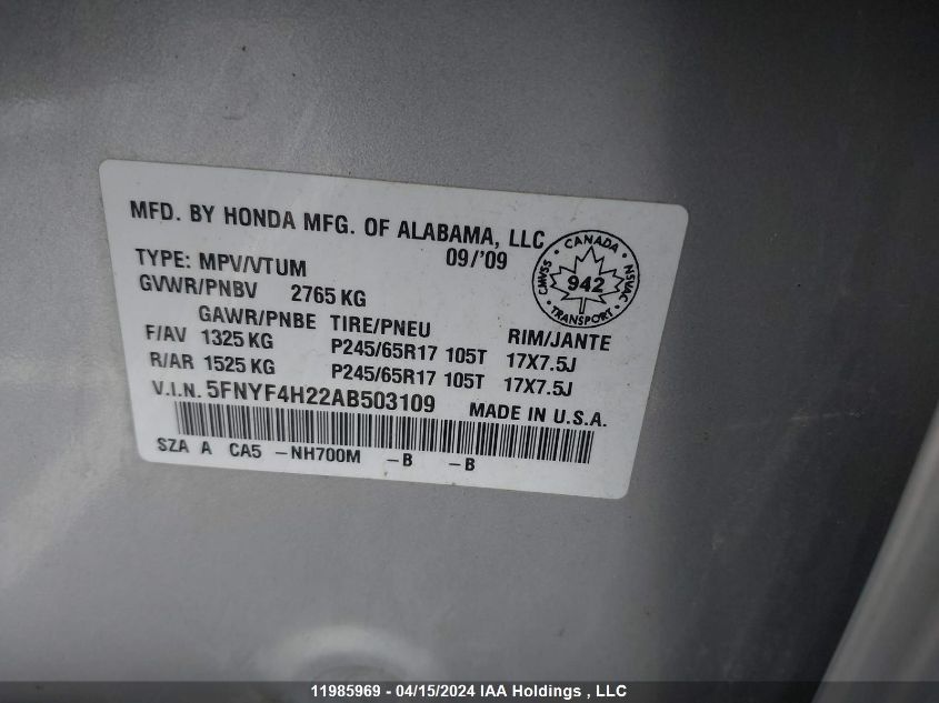 2010 Honda Pilot VIN: 5FNYF4H22AB503109 Lot: 11985969