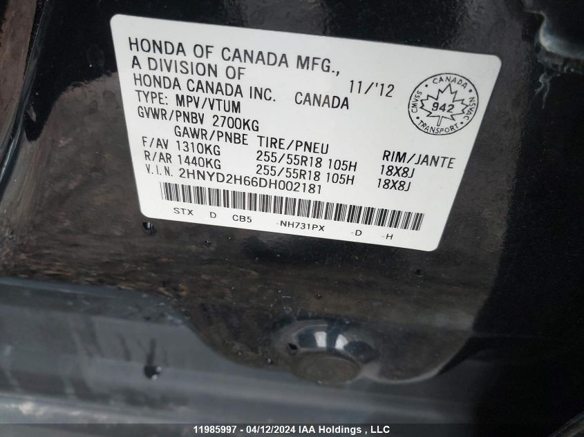 2013 Acura Mdx VIN: 2HNYD2H66DH002181 Lot: 11985997