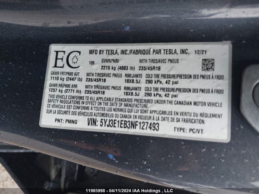 2022 Tesla Model 3 VIN: 5YJ3E1EB3NF127493 Lot: 11985998