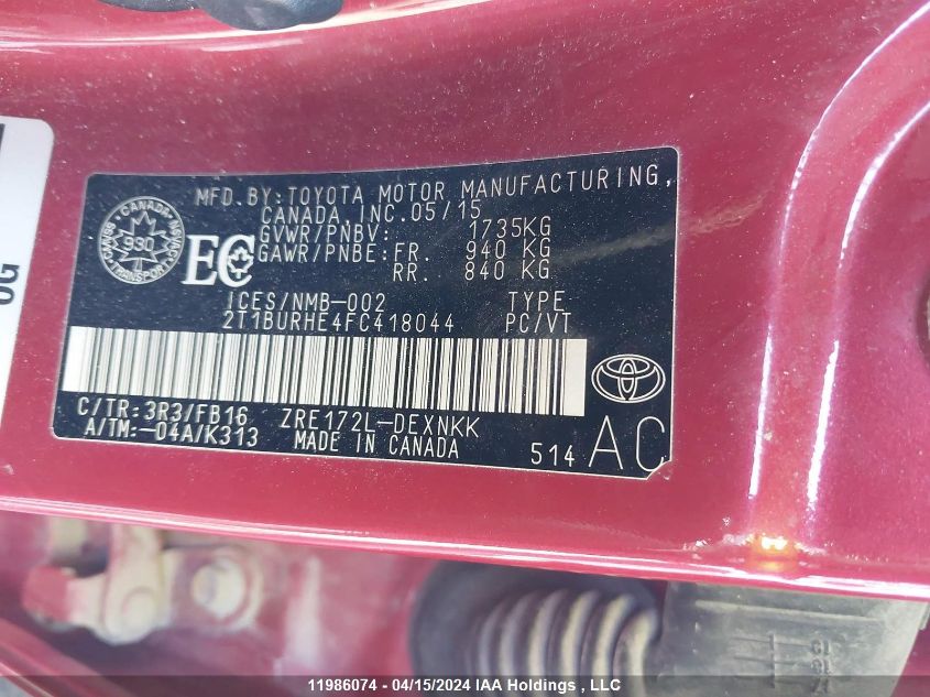 2015 Toyota Corolla VIN: 2T1BURHE4FC418044 Lot: 11986074