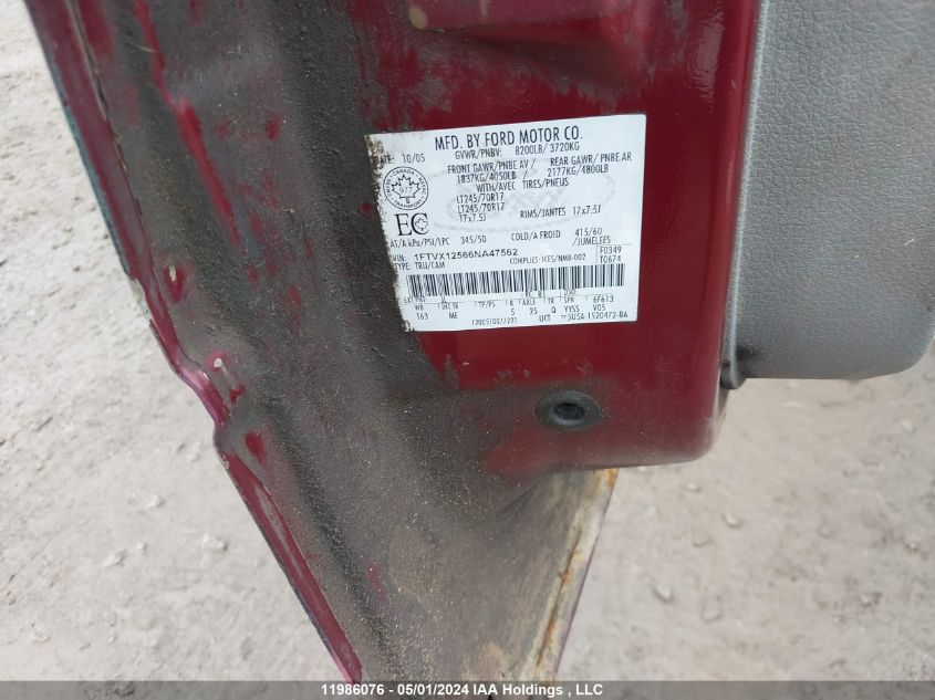 2006 Ford F150 VIN: 1FTVX12566NA47562 Lot: 11986076