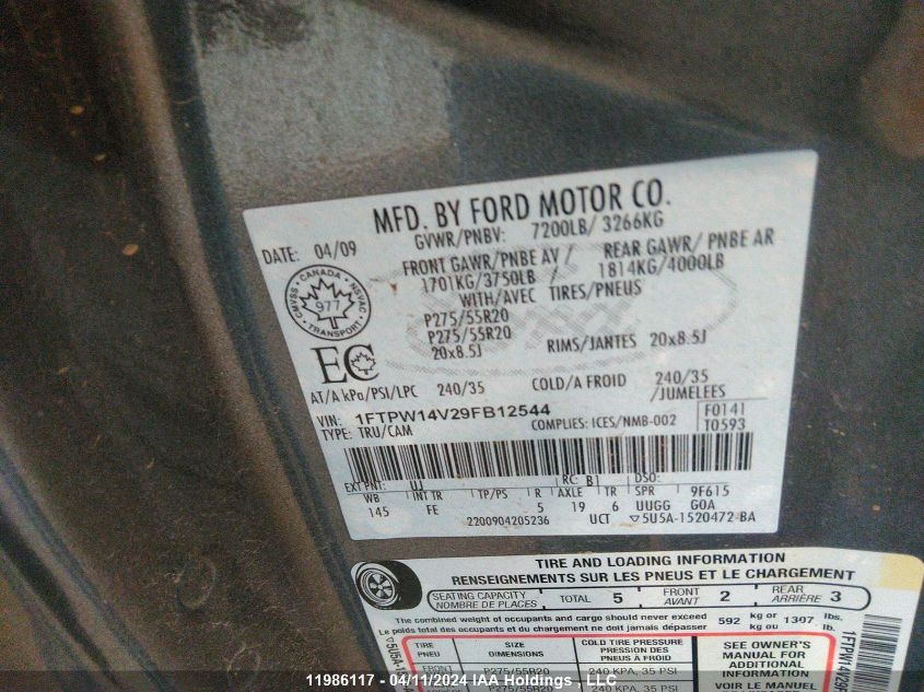 2009 Ford F150 Supercrew VIN: 1FTPW14V29FB12544 Lot: 11986117