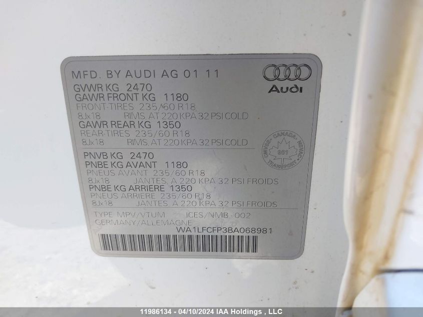 2011 Audi Q5 VIN: WA1LFCFP3BA068981 Lot: 11986134