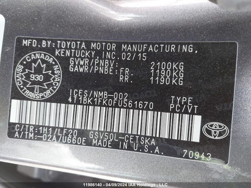 2015 Toyota Camry Xse/Xle VIN: 4T1BK1FK0FU561670 Lot: 39227502