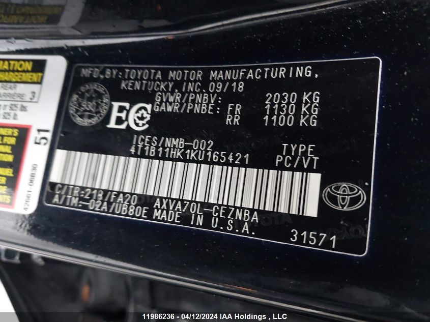 2019 Toyota Camry Le/Se/Xle VIN: 4T1B11HK1KU165421 Lot: 11986236