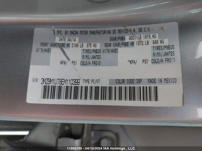 2014 Mazda Mazda3 VIN: 3MZBM1U78EM110399 Lot: 11986299