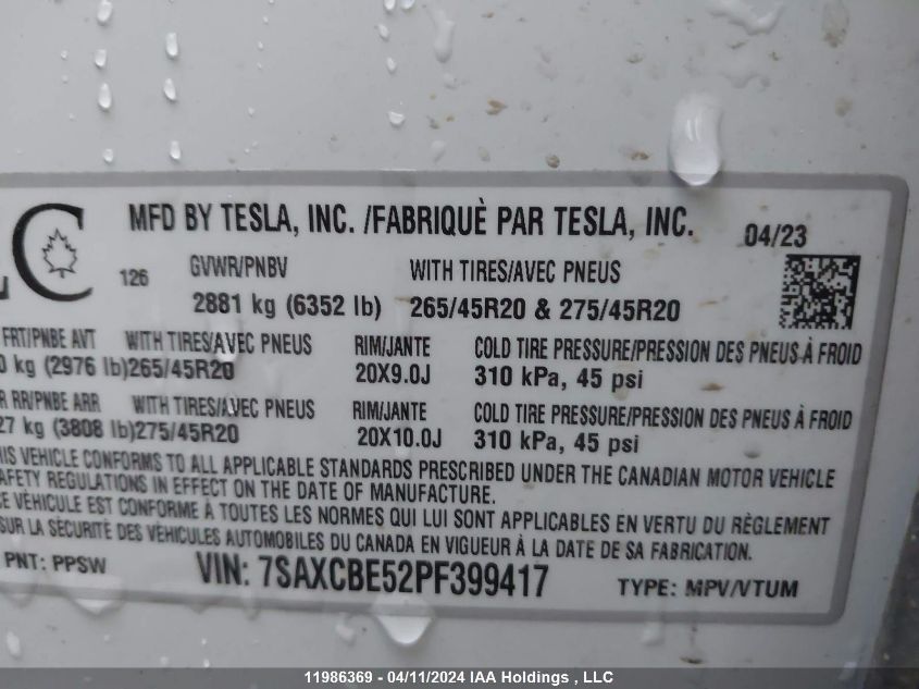 2023 Tesla Model X VIN: 7SAXCBE52PF399417 Lot: 11986369