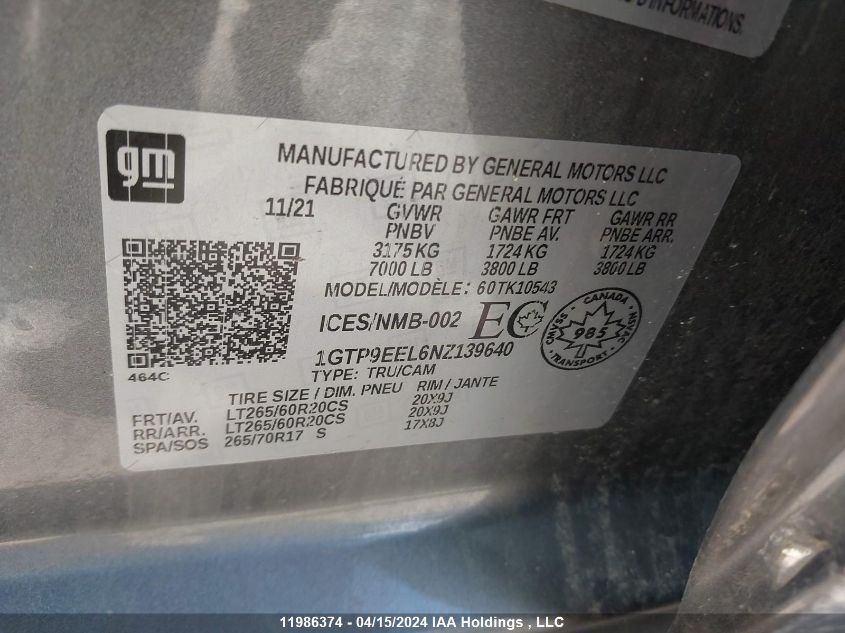 2022 GMC Sierra 1500 Limited VIN: 1GTP9EEL6NZ139640 Lot: 11986374