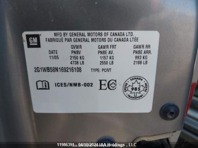 2006 Chevrolet Impala Ls VIN: 2G1WB58N169216108 Lot: 11986391