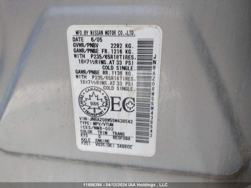 2005 Nissan Murano Sl VIN: JN8AZ08W55W438542 Lot: 11986394